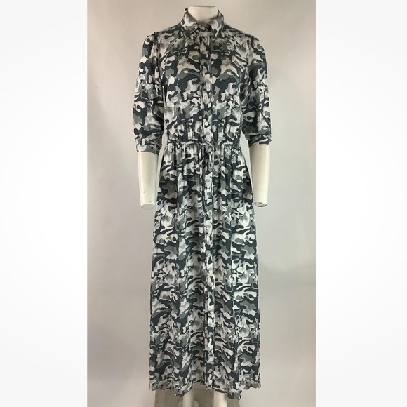 Skemo Sz S Boho Camo Print Beaded Maxi Tunic Dress Gray White Rayon Buttoned - Picture 2 of 7